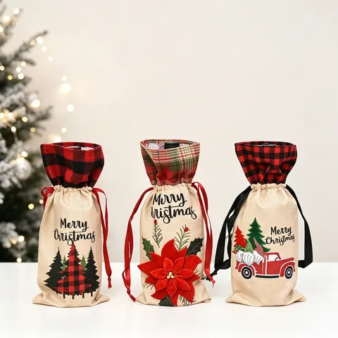 Christmas Wine Bottle Covers Burlap Plaid Drawstring Gift Bags Rustic Festive Holiday Table Decor Reusable Bottle Sleeve