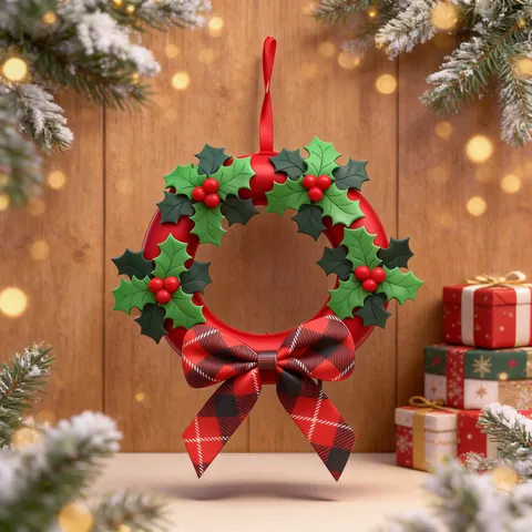 Ghirlanda Di Natale Decorazione Feltro Poliestere Foglie Di Agrifoglio Bacche Rosse Fiocco A Quadri Decorazione Da Parete