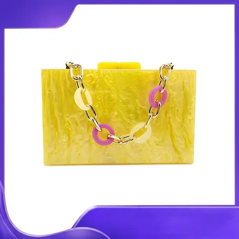 Bolso De Noche De Acrílico Mármol Amarillo Carcasa Rígida Bandolera Con Cadena De Metal Dorado Para Mujer Boda Fiesta