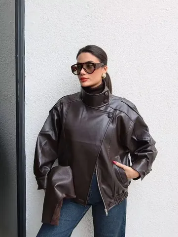 Veste En Cuir PU Pour Femmes Texture Litchi Col Montant Surdimensionné Streetwear Rétro Manches Longues Manteau Ample