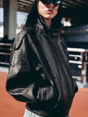 Veste En Cuir PU Pour Femmes Texture Litchi Col Montant Surdimensionné Streetwear Rétro Manches Longues Manteau Ample