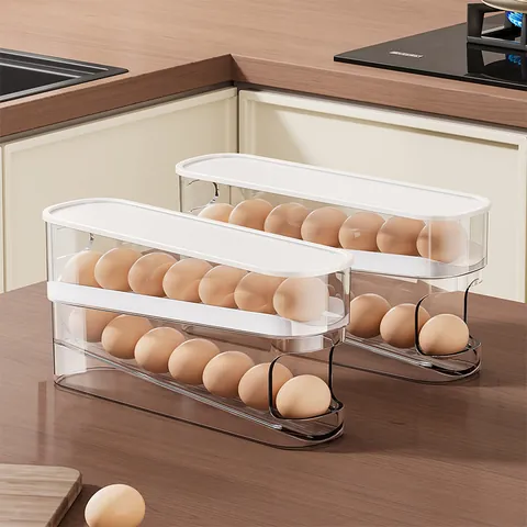 Caja De Almacenamiento De Huevos Con Rodamiento Automático Plástico De Grado Alimenticio Organizador De Refrigerador Con Tapa Accesorios De Cocina