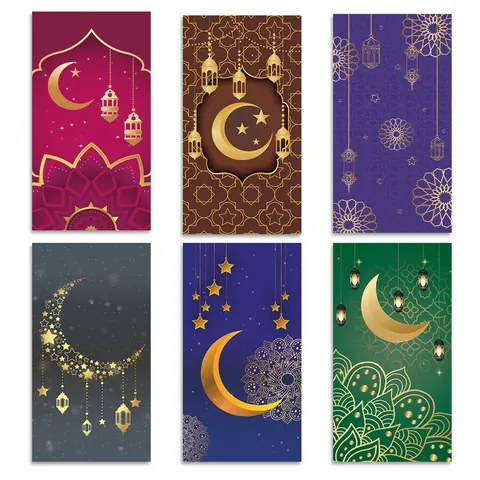 Eid Mubarak Ramadán Sobres Regalo Islámico Sobres de Dinero Papel de Oro Luna Creciente Estrella Linterna Patrones Mandala Fiesta Musulmana