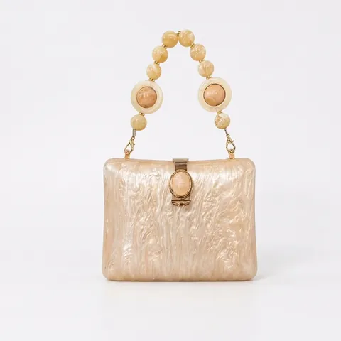 Borsa Da Sera In Acrilico Motivo Marmo Forma Conchiglia Clutch A Scatola Con Manico Di Perle Fibbia Oro Lusso Donna