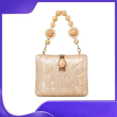 Acrylic Marble Pattern Evening Bag Shell Shape Box Clutch With Bead Handle Gold Buckle Vintage Luxury Party For Women