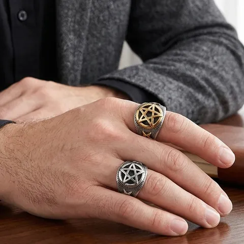 Men Pentagram Ring Titanium Steel Vintage Punk Biker Gothic Jewelry With Honeycomb Texture Gold Silver Black Two Tone