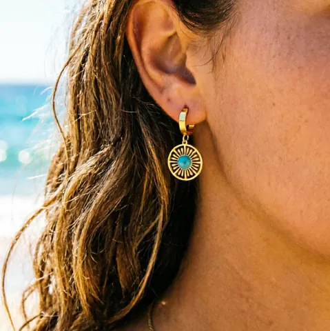 Vintage Sunburst Hollow Stainless Steel Hoop Earrings With Turquoise Inlay Gold Plated Western Artistic Drop Earrings