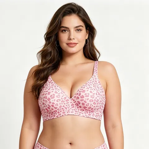 Damen Nahtloser Übergröße Ohne Bügel BH Leopardenmuster Tiefer V-Ausschnitt Weiche Unterstützung Bequemes Bralette Für Den Alltag