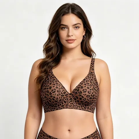 Damen Nahtloser Übergröße Ohne Bügel BH Leopardenmuster Tiefer V-Ausschnitt Weiche Unterstützung Bequemes Bralette Für Den Alltag