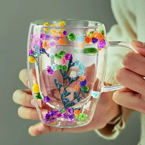 Insulated Dual Layer Borosilicate Glass Mug With Dried Flowers Heat Resistant Coffee Cup Milk Juice Glass With Handle