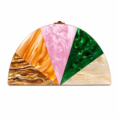 Bolso De Noche De Acrílico Semicircular Cartera De Mano Patchwork Mármol Color Block Con Correa De Cadena Para Mujer