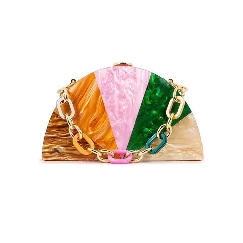 Bolso De Noche De Acrílico Semicircular Cartera De Mano Patchwork Mármol Color Block Con Correa De Cadena Para Mujer
