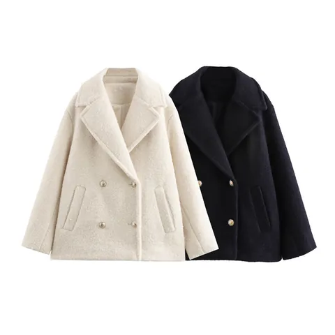 Dames Elegante Double-Breasted Peau De Soie Jas Revers Lange Mouw Polyester Jack Met Gouden Knoppen Zak