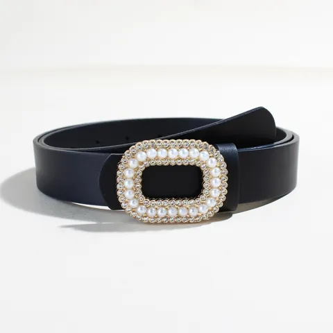 Women Elegant Faux Leather Belt With Artificial Pearl Rhinestone Alloy Buckle Fashion Decorative Waist Belt For Dresses Jeans
