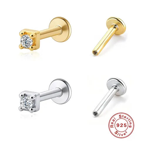 925 Sterling Silver Mini Stud Earrings Hypoallergenic Zirconia Flat Back Labret Tragus Ear Bone Piercing Jewelry For Unisex