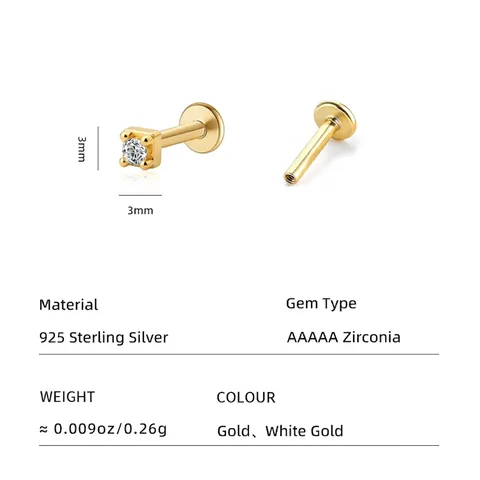 925 Sterling Silver Mini Stud Earrings Hypoallergenic Zirconia Flat Back Labret Tragus Ear Bone Piercing Jewelry For Unisex