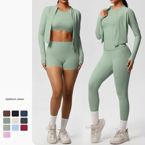 Conjunto de Yoga de Alta Elasticidad para Mujer Ajustado Secado Rápido Ropa de Gimnasia Cepillada Chaqueta de Manga Larga Mallas Atuendos de Entrenamiento