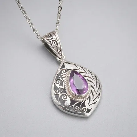 Vintage Böhmische Tropfen Lila Kristall Anhänger Halskette Silber Farbe Hohle Filigran Blume Mode Schmuck Geschenk Für Damen