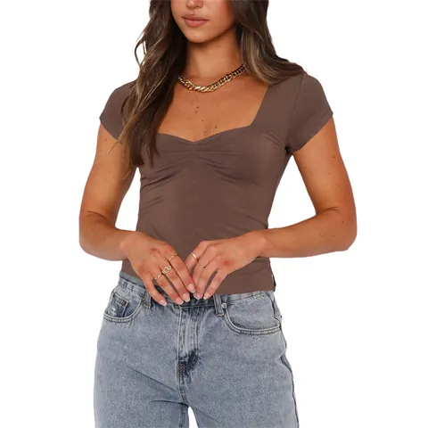French Retro Slim Ruched Short Sleeve T-Shirt Women Sweetheart Square Neck Solid Color Polyester Summer Top