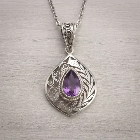 Vintage Bohemian Teardrop Purple Crystal Pendant Necklace Silver Color Hollow Filigree Flower Fashion Jewelry Gift For Women