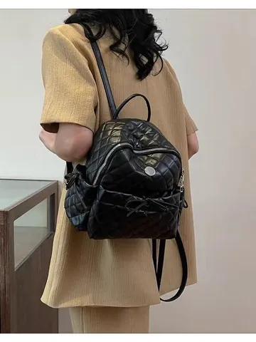 Damen Gesteppter Rucksack aus Kunstleder mit Rautenmuster Mode Lässig Urban Schlicht Schleifendekoration Schulranzen