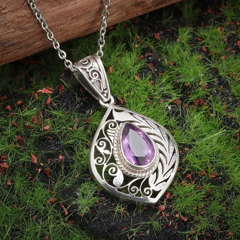 Collar Con Colgante De Gota Cristal Púrpura Bohemio Vintage Color Plata Filigrana Hueca Flor Joyería De Moda Regalo Para Mujeres