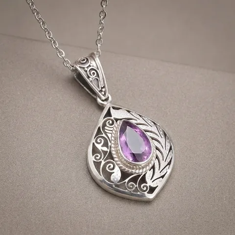 Vintage Bohemian Teardrop Purple Crystal Pendant Necklace Silver Color Hollow Filigree Flower Fashion Jewelry Gift For Women
