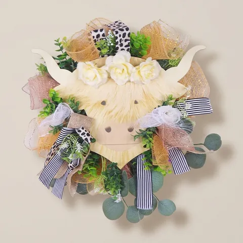 Highland Cow Wreath Artificial White Rose Ribbon Floral Garland Farmhouse Style Spring Door Hanging Decoration For Home Garden Wall Decor