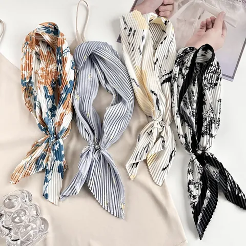French Vintage Floral Print Pleated Satin Scarf For Women Decorative Neck Scarf With Magnetic Buckle Elegant Fashion Shawl