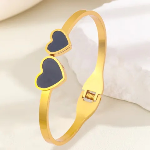 Brazalete de Moda de Acero de Titanio Bañado en Oro de 18K Para Mujer Pulsera de Esmalte Con Corazón Negro y Números Romanos
