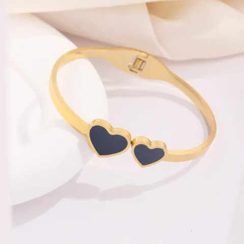 Brazalete de Moda de Acero de Titanio Bañado en Oro de 18K Para Mujer Pulsera de Esmalte Con Corazón Negro y Números Romanos