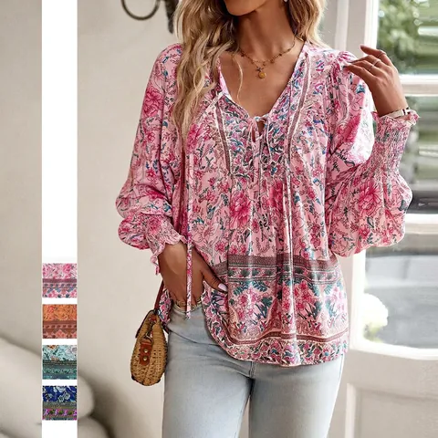 Women Rayon Blouse Long Sleeve V Neck Tie Front Bohemian Floral Print Casual Vacation Loose Fit Top