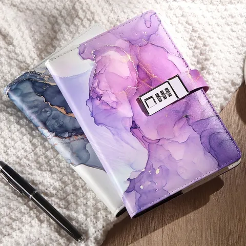 A5 Locked Journal PU Leather Marble Pattern Three Digit Password Combination Lock Personal Diary Business Notepad