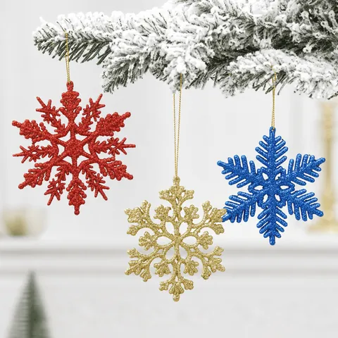 Christmas Snowflake Ornaments Glitter Plastic Hanging Decor For Xmas Tree Winter Party Decorations
