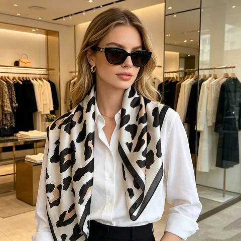 Women Leopard Print Square Scarf Satiny Satin Headscarf Fashion Animal Pattern Neckerchief Hair Band Decorative Scarf