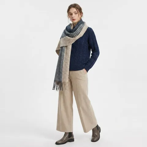 Écharpe à Carreaux Color Block Automne Hiver pour Femmes Mode Chaud Épaissi Rallongé Châle à Glands en Poliestere