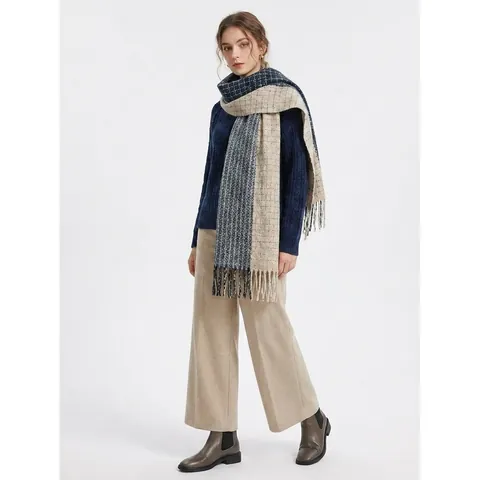 Écharpe à Carreaux Color Block Automne Hiver pour Femmes Mode Chaud Épaissi Rallongé Châle à Glands en Poliestere
