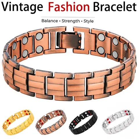 Magnetic Red Copper Bracelet Vintage Dragon Pattern Health Therapy Metal Link Adjustable Jewelry For Men Women