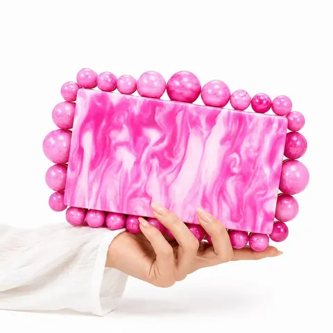 Elegant Marble Pattern Acrylic Evening Clutch Bag With Beaded Edge And Metal Chain For Wedding Party Women
