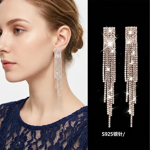 Elegantes Pendientes Largos de Borla con Poste de Plata de Ley 925 Oro Plata Chapado Diamantes de Imitación Cobre Pendientes para Mujer Joyería