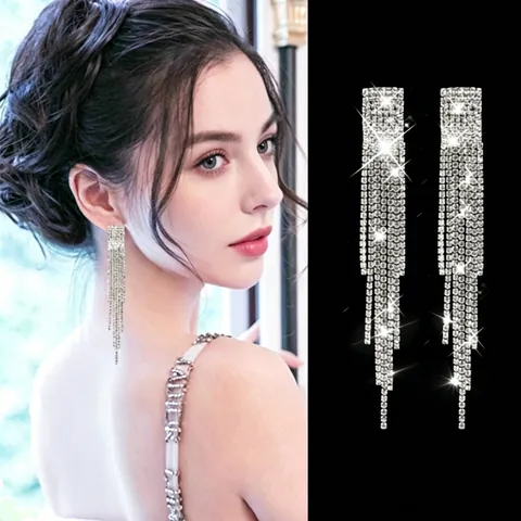 Elegantes Pendientes Largos de Borla con Poste de Plata de Ley 925 Oro Plata Chapado Diamantes de Imitación Cobre Pendientes para Mujer Joyería