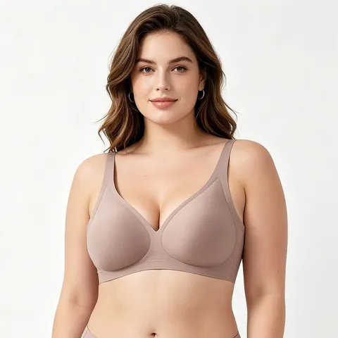 Women Seamless Wirefree Leopard Print Deep V Bra Jelly Soft Support Plus Size Comfortable Breathable Nude Black Lingerie