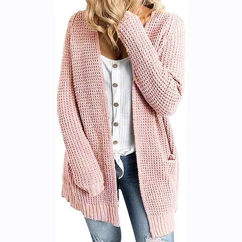 Dames Casual Wafelgebreid Cardigan Effen Kleur Open Voorkant Lange Mouw Trui Jas Met Zakken Voor Herfst Winter
