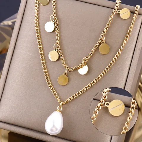 Stainless Steel Multi Layer Pendant Necklace For Women Gold Rhinestone Artificial Pearl Heart Evil Eye Roman Numeral Fashion Jewelry