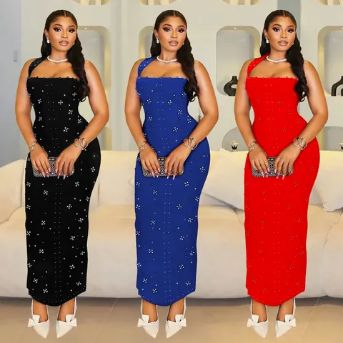 Elegantes Neckholder Körperbetontes Maxikleid Für Damen Luxus Künstliche Perlen Strass Dekoration Slim Fit Party Abend Langes Kleid