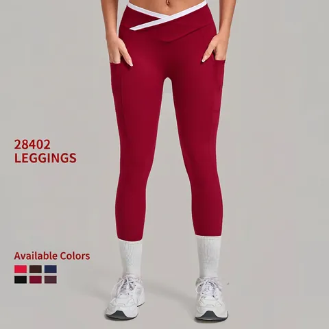 Women's High Waist Crossover Yoga Leggings With Pockets Contrast Trim Tummy Control Workout Running Sports Tight Pants