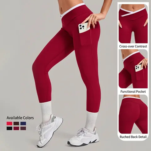 Women's High Waist Crossover Yoga Leggings With Pockets Contrast Trim Tummy Control Workout Running Sports Tight Pants