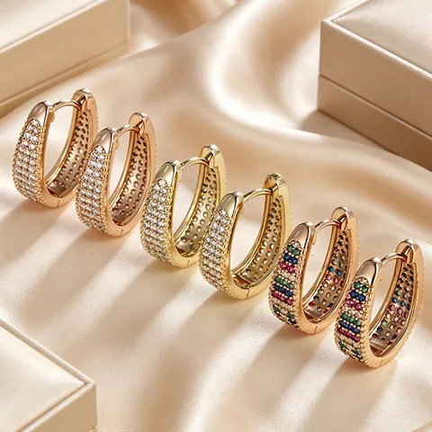 Pendientes De Aro Huggie Ovalados Bañados En Oro Geométricos Pavé Circonita Arcoíris Joyería Para Mujer Minimalista Elegante