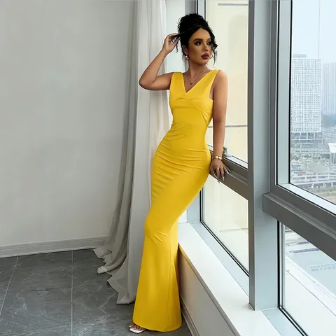 Damen Sexy V-Ausschnitt Ärmelloses Maxikleid Schmale Passform Schlitz Einfarbig Polyester Elasthan Elegant Party Sommer Langes Kleid