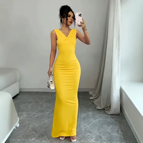 Damen Sexy V-Ausschnitt Ärmelloses Maxikleid Schmale Passform Schlitz Einfarbig Polyester Elasthan Elegant Party Sommer Langes Kleid